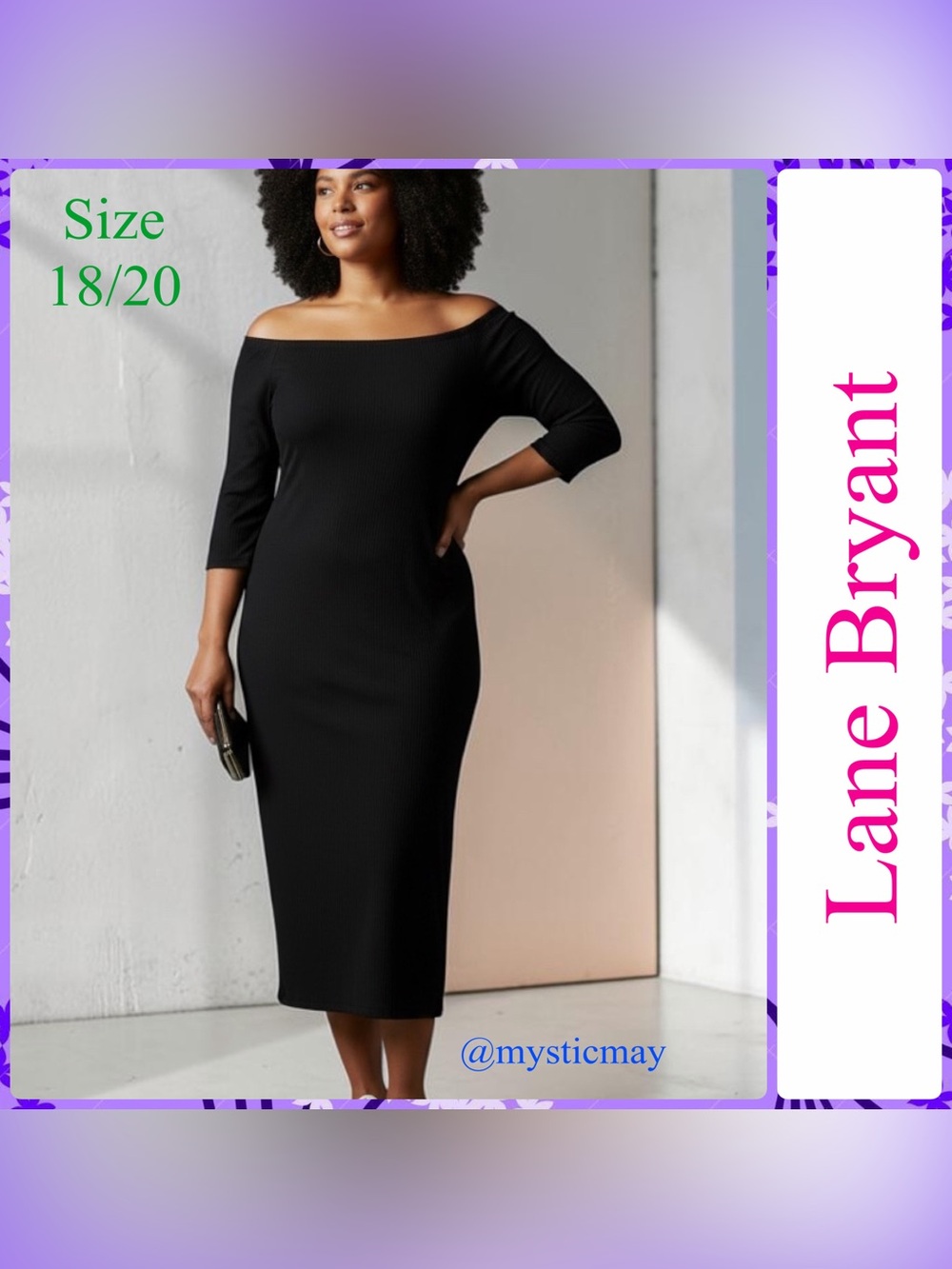 LANE BRYANT Black Ribbed Off Shoulder Midi Bodycon Dress Plus Size 2X or 18/20